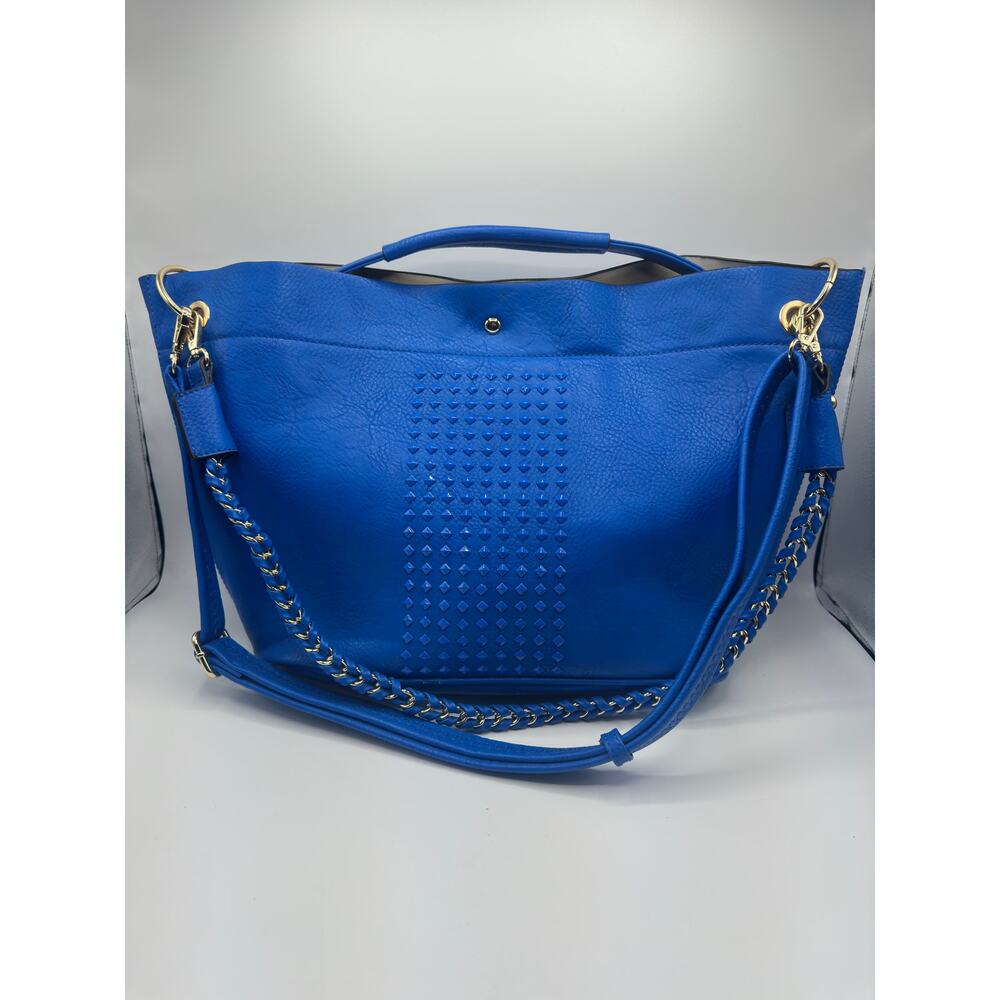 Blue Faux Leather Tote Bag w/ Studded Panel & Zippered Pouch, NWOT